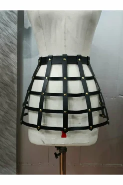 Daisy Corsets USA Black Faux Leather Cage Skirt With Gold Hardware